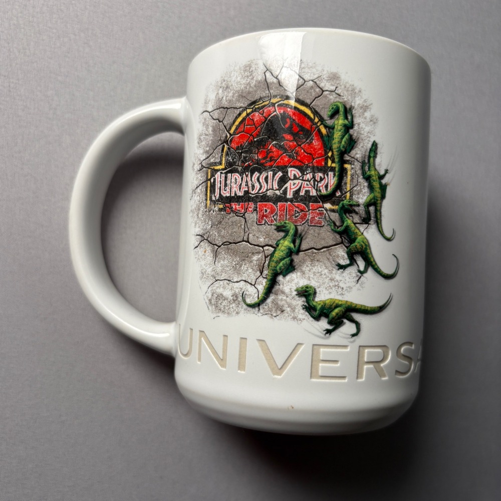 Universal Studios Jurassic Park The Ride Coffee Mug Raptor Logo White Ceramic